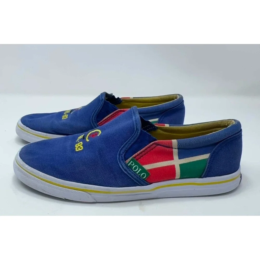 Polo Ralph Lauren RL-93 Canvas Slip On Shoes Blue Nautical Flag Youth Boys 1.5‎